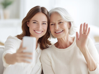 Joyful senior woman and young adult granddaughter bonding and taking selfies on a smartphone at home in bright natural light. Generative by AI
