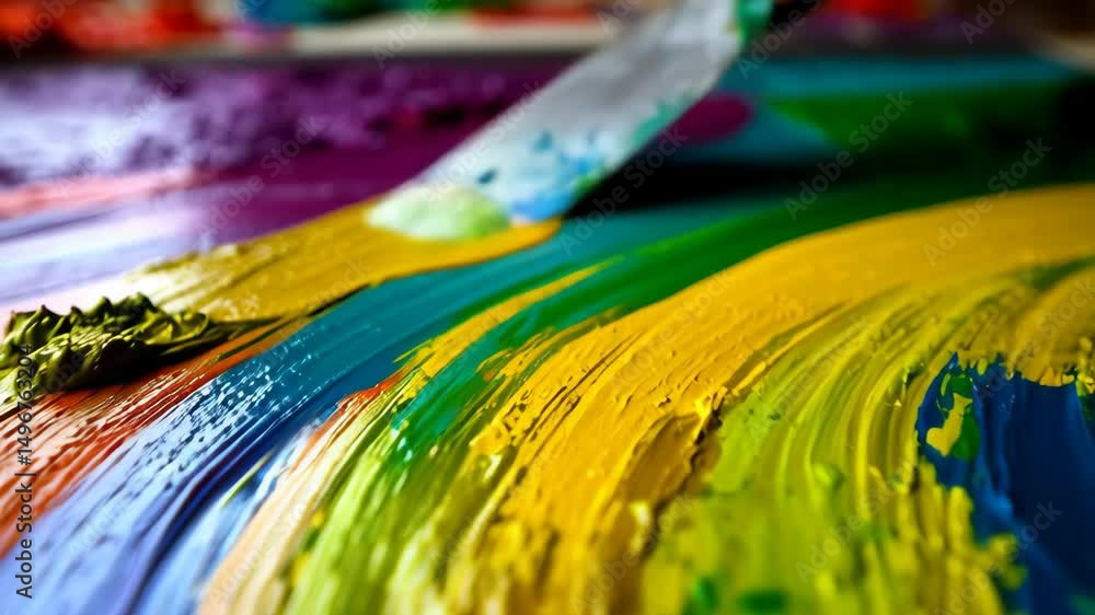 Poster close-up of colorful acrylic paint being applied with a brush on canvas creating vibrant, abstract a