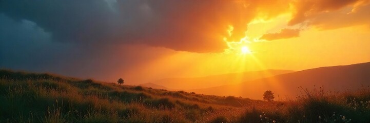 Intense sunlight streams through gaps in clouds, illuminating a landscape with a radiant golden glow  Perfect for nature, energy, and weather themes ,  golden light,  glorious,  radiant