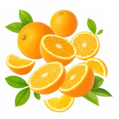 Fresh ripe orange fruit with green leaves and juicy slices on white background