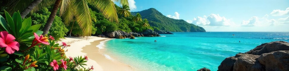 Naklejka premium Lush green jungle meets pristine turquoise ocean, vibrant flowers blooming in the warm sun, creating the ultimate tropical paradise escape , holiday, paradise, sunlight