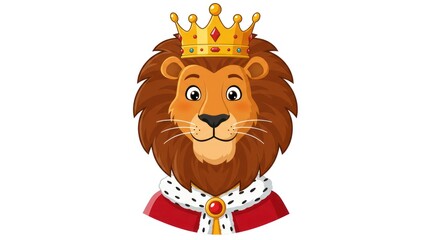 Cartoon lion wearing royal crown and cape, isolated on white