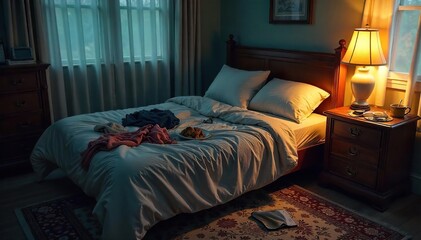 A disheveled, unmade bed with scattered clothing and a half-eaten meal on a nightstand, suggesting a hurried departure or a concealed secret ,  domestic,  bedroom,  leftovers