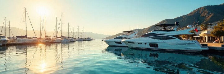 Fototapeta premium Luxury yachts bob gently in a calm California marina, bathed in the golden afternoon sun The picturesque scene features stunning waterfront views and clear blue skies , bay, idyllic