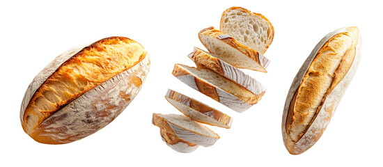 Set of Loaf of Sourdough bread, crust and texture isolated on white transparent background, concept of bakery.