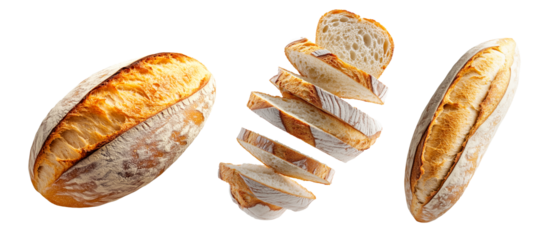 Set of Loaf of Sourdough bread, crust and texture isolated on white transparent background, concept of bakery.