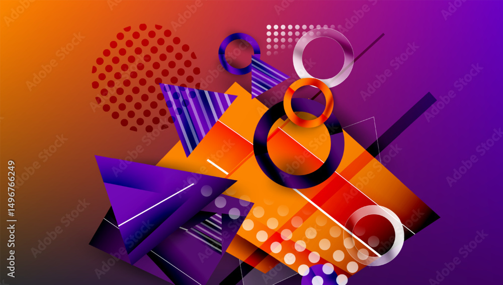 Poster Abstract geometric composition. Vibrant orange, purple gradients dominate. Shapes overlap, creating dynamic visual effect. Modern design elements present.
