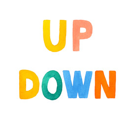 UP（アップ）・DOWN（ダウン）のかわいい手書き文字　手描き水彩イラスト素材
