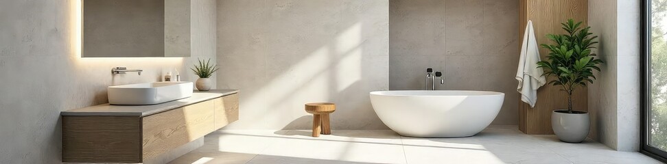 Sleek modern bathroom featuring a large, frameless mirror reflecting light and clean lines  Perfect for interior design, home decor, and bathroom renovation projects ,  sleek,  washroom