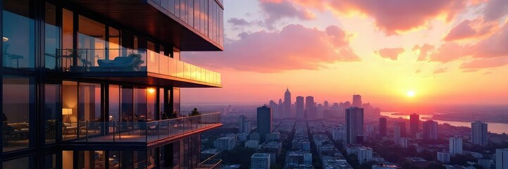 Fototapeta premium Sleek modern glass condominium building reflecting city skyline at sunset Luxury high-rise apartment architecture, urban living, evening light , building exterior, cityscape