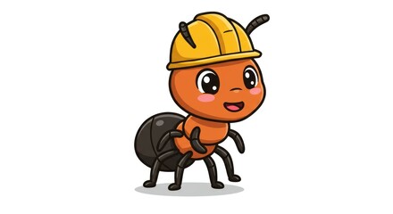 Obraz premium Cartoon ant wearing construction helmet on a white background.