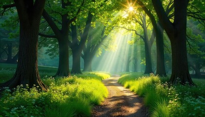 Sun-dappled path winds through lush green woodland, ancient trees casting long shadows  Perfect for nature, travel, and fantasy themes  Serene and peaceful atmosphere ,  background,  wood,  calm