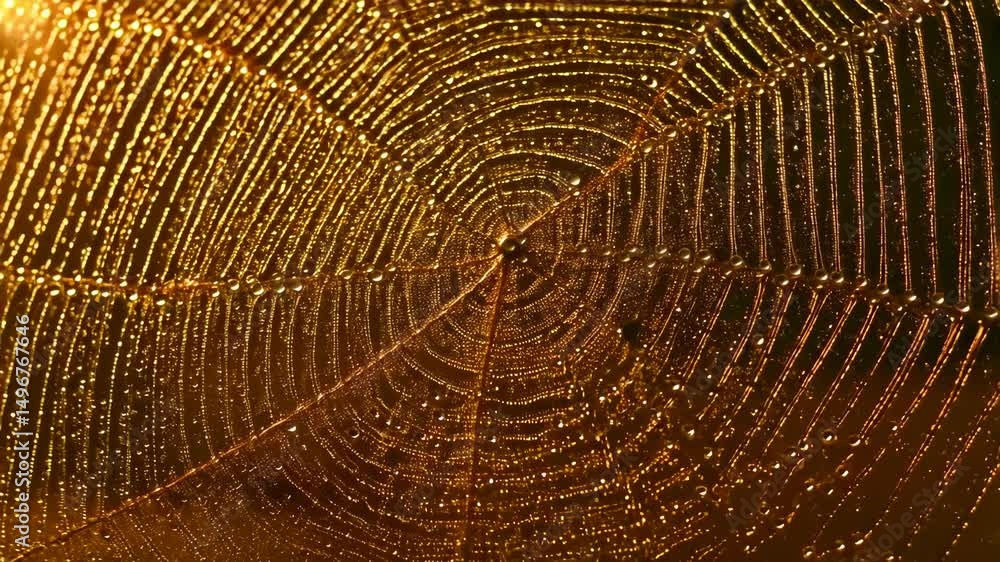 Poster intricate spiderweb with dew drops glistening in golden light creating an abstract pattern