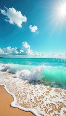 Sun-drenched turquoise waves crash on a pristine sandy beach under a vibrant summer sky  Perfect for travel, vacation, or summer themed projects ,  turquoise, ocean,  water