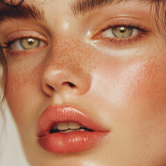 Radiant Beauty Portrait with Natural Freckles and Glossy Lips