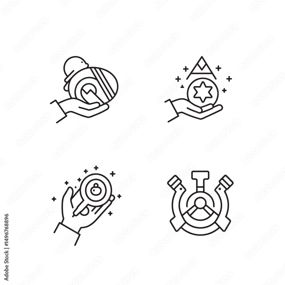 Poster set of four vector icons depicting hands holding various symbolic objects silhouette