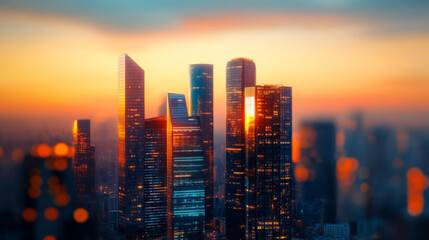 Blurred City Skyline with Bokeh Lights at Sunset