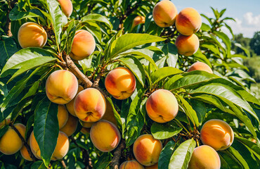 Plump Peaches Flourishing on Sunny Orchard Tree Branch