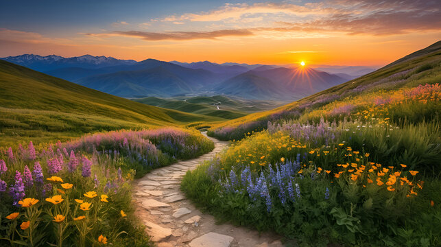 This image captures a picturesque sunset landscape with a winding path through a field of wildflowers, set against a backdrop of distant mountains and a glowing sky.
