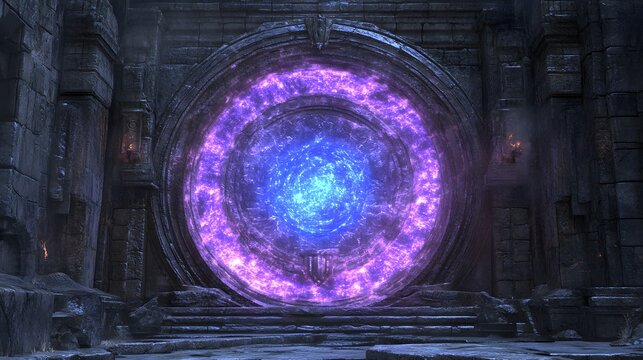 High fantasy scene of an arcane portal with blue and purple glowing energy carved into ancient stone in a forgotten temple