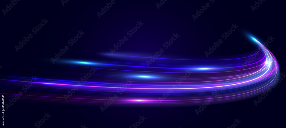 Poster modern abstract high speed movement with dynamic motion light trails, speed effect on dark blue back
