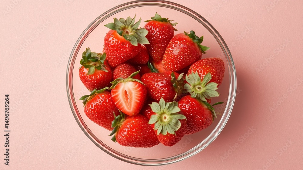Poster fresh red strawberries arranged in a clear bowl on a soft pink background for a vibrant display of n