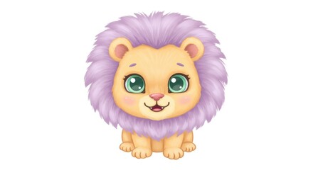 Cute cartoon lion cub with purple mane, isolated on white backdrop