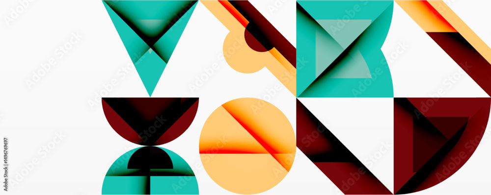 Poster abstract geometric shapes overlap, creating dynamic composition. teal, orange, maroon hues dominate 