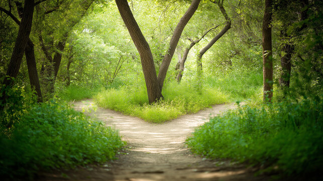 A forked path in nature, symbolizing life's choices and possibilities
