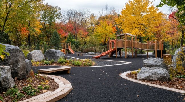 A playground nestled in an autumnal park, featuring a winding path, wooden play structures, and large rocks incorporated into the design.  The foliage displays vibrant fall colors