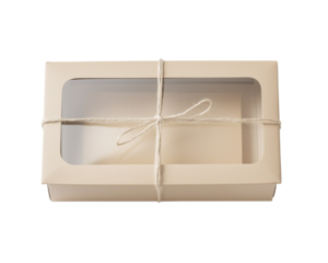 Beige box with window tied with twine