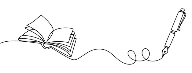 Open book and fountain pen one line illustration