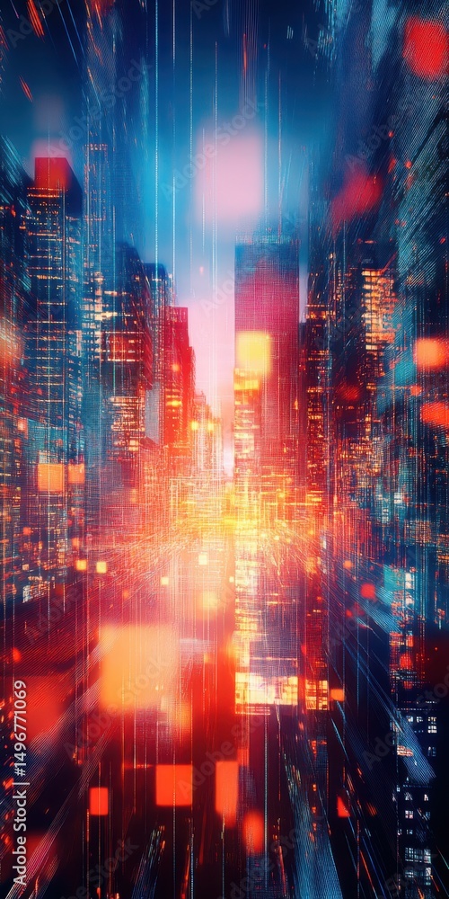 Poster abstract glowing grids dynamically representing urban life in the modern digital age.