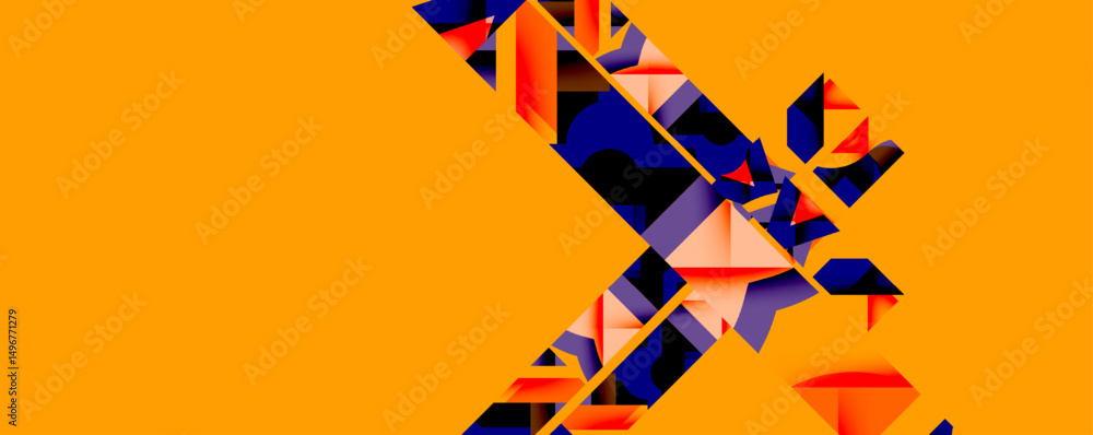 Poster Abstract geometric design. Orange background contrasts with complex, fragmented shapes. Angular forms create dynamic visual impact.