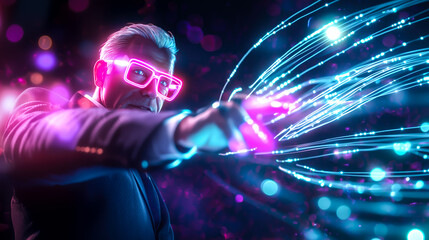 An old man interacts with a neural network display and the glowing connections of AI. The concept of technology, and the fusion of human intellect with advanced machine learning. Generative AI.