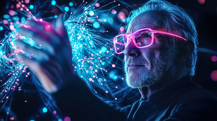 An old man interacts with a neural network display and the glowing connections of AI. The concept of technology, and the fusion of human intellect with advanced machine learning. Generative AI.