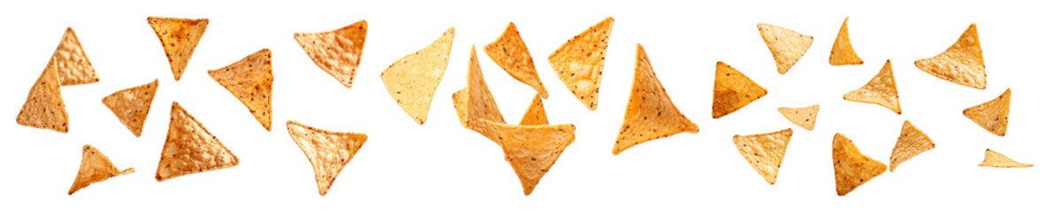 Fototapeta premium PNG Crispy golden tortilla chips scattered, element set on transparent background