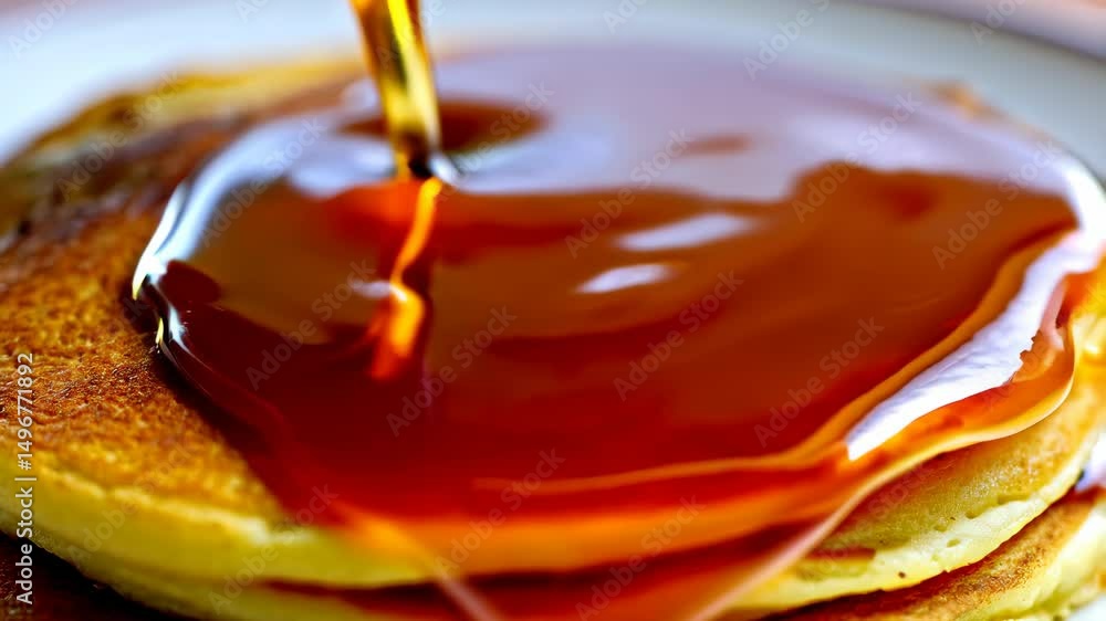Poster golden maple syrup cascading over a stack of fluffy pancakes creating an irresistible breakfast trea