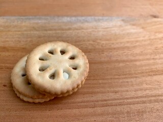Close up of biscuits on a texture background. Biscuits with wooden background. Delicious and tasty