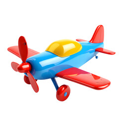 A colorful toy airplane with red wings and propeller on a black background
