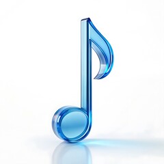 Elegant rendered blue glass musical eighth note on a reflective white surface