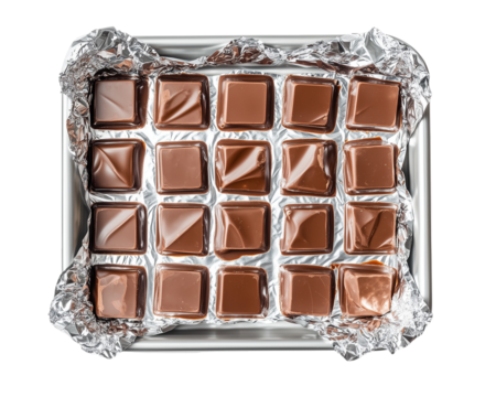Close up of chocolate squares in a foil lined metal tray