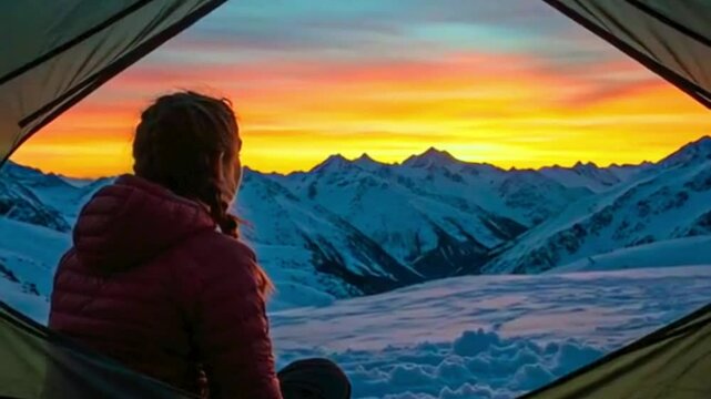 camping in the mountains girl see outside Vibrant Sunset from Snowy Mountain Tent. 4k video