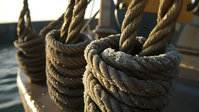 Coiled ropes, captured in soft light, sit on a ship's rail. Day of the Seafarer