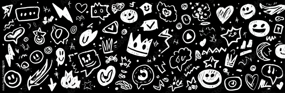 Poster monochrome doodle pattern on black background with abstract shapes and symbols for modern design pro