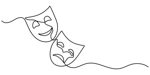 Greek mask one line drawing, opera event symbols continuous hand drawn, mask one line vector isolated design element, theater humor smile mask one line continuous line art, Theater mask tragedy. 