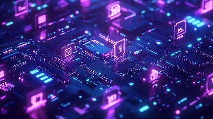 Obraz premium Navigating the Future A Network of Neon Digital Icons Guiding the Flow of Data and Information on a Complex