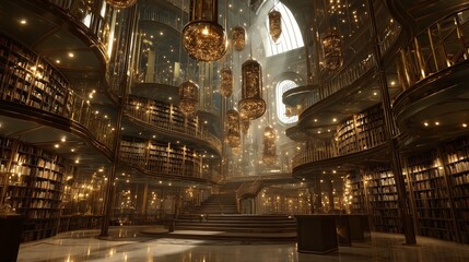 Obraz premium A luxurious library with spiral staircases, glowing golden lights, and expansive bookshelves, creating a majestic and serene atmosphere.