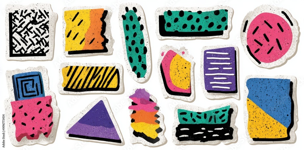 Poster abstract geometric shapes with bold colors and black outlines playful design elements for creative p