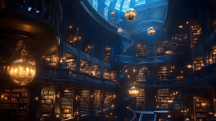 Vast magical library with floating books glowing orbs and ancient tomes lit by candles and enchanted chandeliers richly detailed fantasy